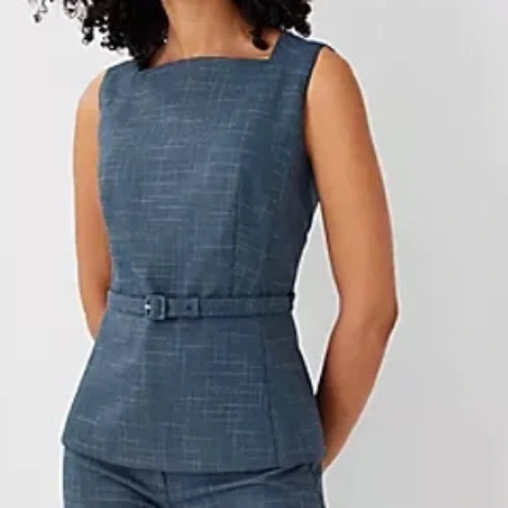 Belted Peplum Top In Crosshatch Teal Jade 16
